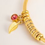 Personalised Birthstone Leaf Open Bangle Bracelet with Engraved 1-10 Name Beads Dainty Jewellery Mother's Day Birthday Gift for Women