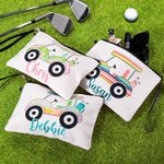 Personalized Colourful Golf Cart Linen Makeup Bag with Name and Wrist Strap Birthday Team Gift for Golf Lovers