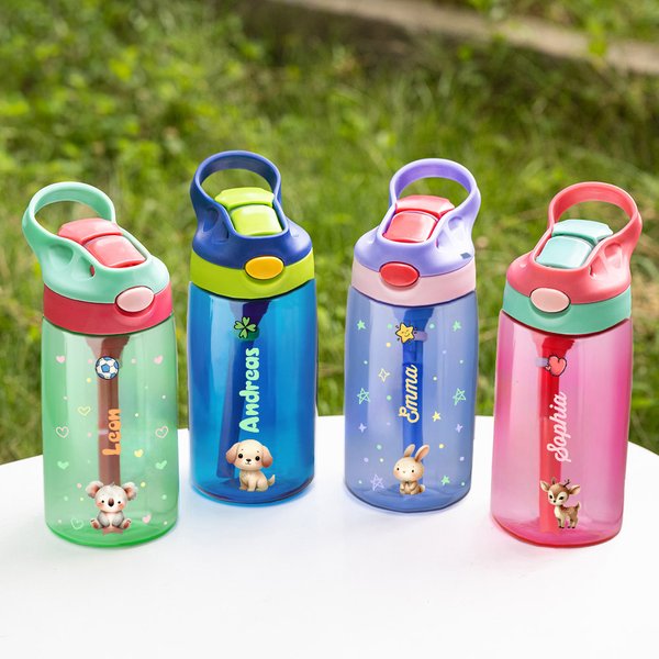 Personalized Cartoon Animals Star Love Heart Balls Plants 16 oz Kid Water Bottle with Name Outdoor Supplies Back to School Birthday Gift for Boys Girls