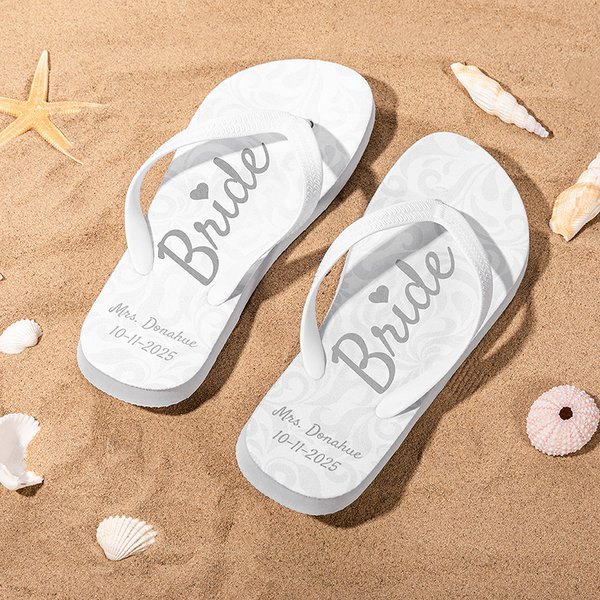 Personalized Love Heart Damask Bride Flip Flops with Texts and Ivory Rubber Soles Wedding Beach Honeymoon Gift for Bride