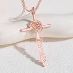 Personalised Exquisite Hollow Birth Flower Cross Necklace with Name Religious Women Jewellery Birthday Anniversary Baptism Gift for Christian