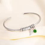Personalised Birthstone Leaf Open Bangle Bracelet with Engraved 1-10 Name Beads Dainty Jewellery Mother's Day Birthday Gift for Women