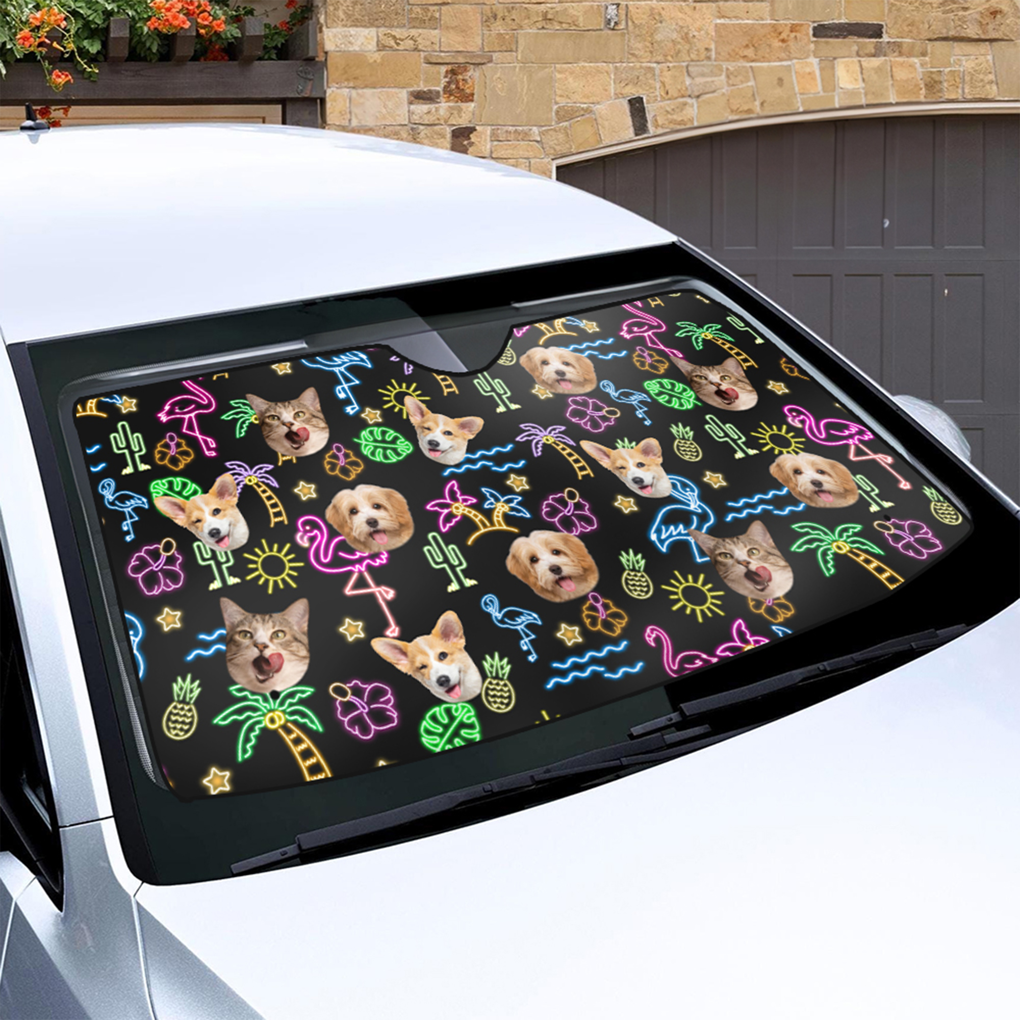 Personnalisé 1-3 Photos de visages motifs fluorescents Pare-soleil de voiture Accessoires Auto Voyage Anniversaire Vacances Cadeau pour Amis Propriétaires d'Animaux