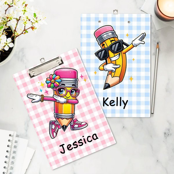 Personalized Pencil Character Multicolor Acrylic Clipboard with Low Profile Clip Teacher's Day  Back to School Birthday Gift for Teachers Students