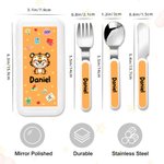 Personalized Cute Laughing Animals Food-safe Stainless Steel Kid's Fork Spoon Knife 3 Pcs Cutlery Set with Name and Case Birthday Gift for Boys Girls