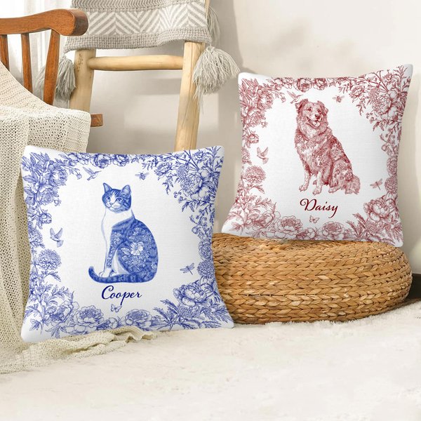 Personalized Toile De Jouy Design Dog Cat Throw Pillow Cover with Name Sympathy Sentimental Memorial Gift for Pet Owner