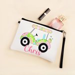 Personalized Colourful Golf Cart Linen Makeup Bag with Name and Wrist Strap Birthday Team Gift for Golf Lovers