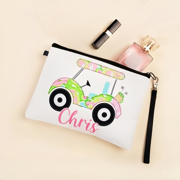Colorful Golf Cart Linen Makeup Bag with Name