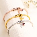 Personalised Birthstone Leaf Open Bangle Bracelet with Engraved 1-10 Name Beads Dainty Jewellery Mother's Day Birthday Gift for Women