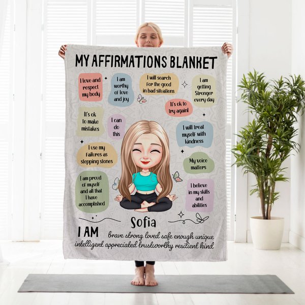 Personalized Butterfly Cartoon Yoga Character Affirmations Soft Throw Blanket with Name Home Decor Birthday Gift for Yoga Lovers Women Girls