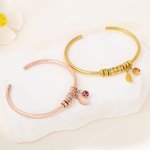 Personalised Birthstone Leaf Open Bangle Bracelet with Engraved 1-10 Name Beads Dainty Jewellery Mother's Day Birthday Gift for Women