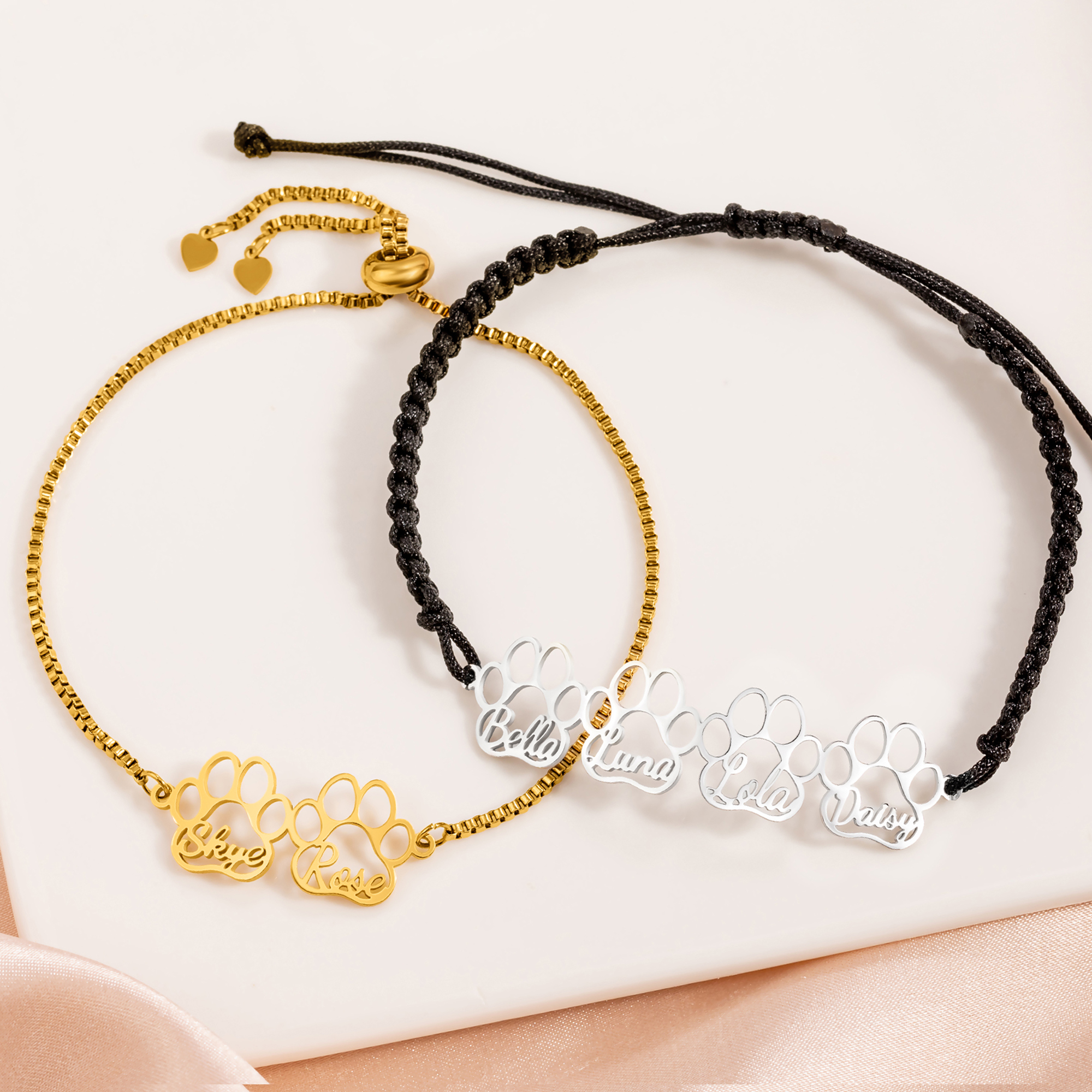 Bracelet réglable personnalisé 1-6 empreintes de pattes de chien creuses avec noms Cadeau d'anniversaire pour les amoureux des animaux de compagnie