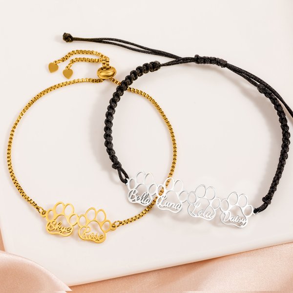 Personalized 1-6 Hollow Dog Paw Prints Adjustable Bracelet with Names Birthday Anniversary Gift for Pet Lovers
