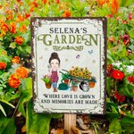 Personalized Vintage Garden Cartoon Character Metal Sign with Name Garden Decor Housewarming Birthday Gift for Grandma Mom Gardening Lovers