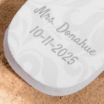 Personalized Love Heart Damask Bride Flip Flops with Texts and Ivory Rubber Soles Wedding Beach Honeymoon Gift for Bride