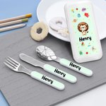 Personalized Cute Laughing Animals Food-safe Stainless Steel Kid's Fork Spoon Knife 3 Pcs Cutlery Set with Name and Case Birthday Gift for Boys Girls