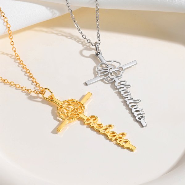 Personalized Exquisite Hollow Birth Flower Cross Necklace with Name Religious Women Jewellery Birthday Anniversary Baptism Gift for Christian