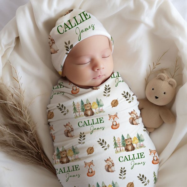 Personalized Cute Butterfly Rabbit Bird Woodland Animals Swaddle Blanket and Knot Hat Set with Name Baby Shower Birthday Gift for Newborns