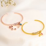 Personalised Birthstone Leaf Open Bangle Bracelet with Engraved 1-10 Name Beads Dainty Jewellery Mother's Day Birthday Gift for Women