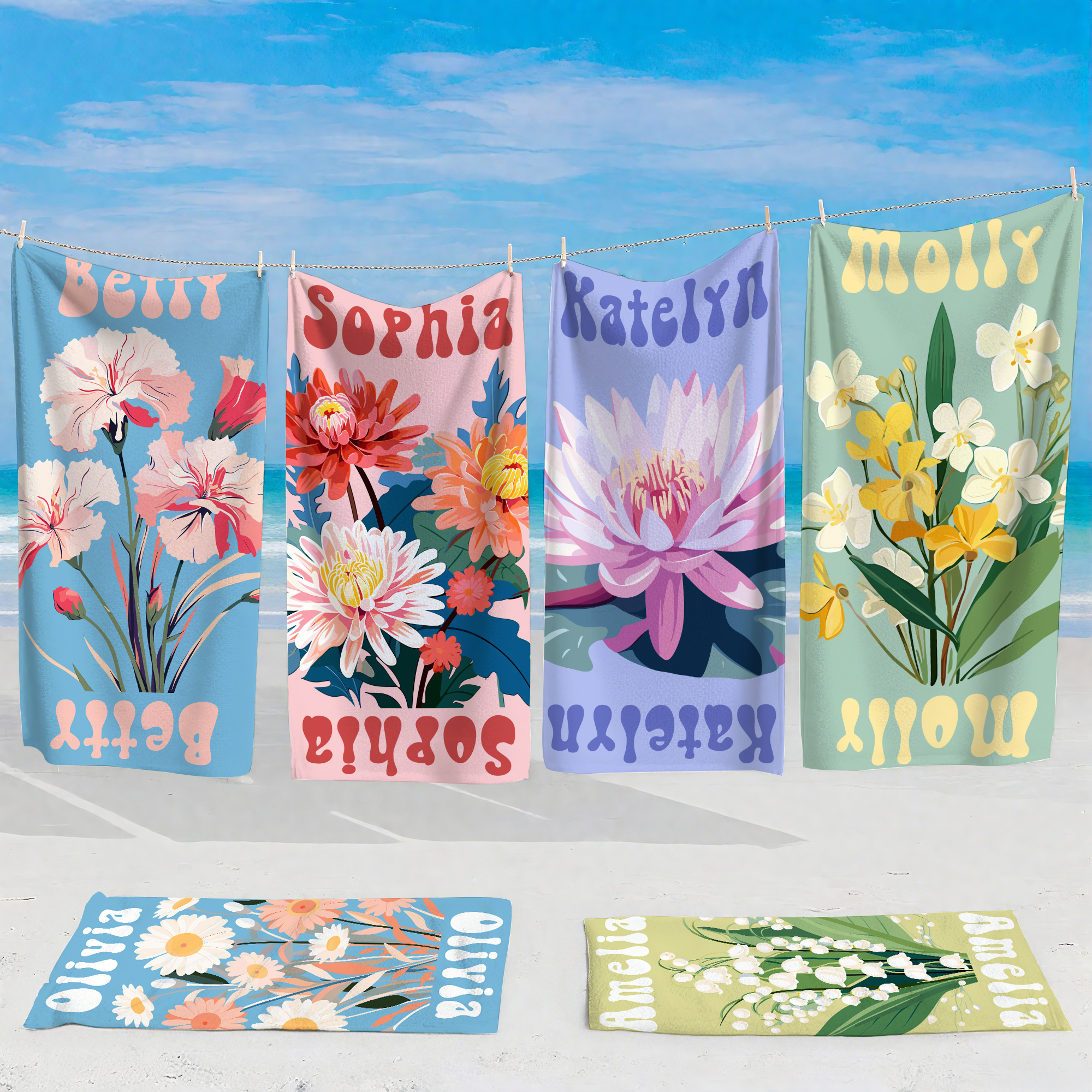 Serviette de Plage Personnalisée avec Nom Motif Fleur de Naissance Style Aquarelle Accessoire Séchage Rapide Cadeau Anniversaire pour Femme
