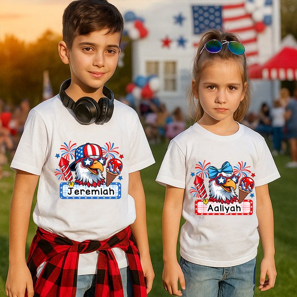 Personalised Eagle Fireworks Multicolor Soft Kid T-shirt with Name Patriotic 4th of July Independence Day Gift for Boys Girls