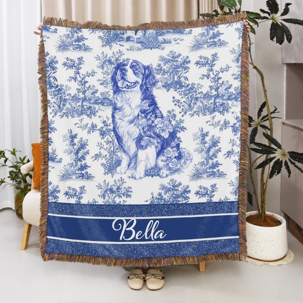 Personalised Retro Toile De Jouy Style Dog Cat Tassel Soft Throw Blanket with Name Sentimental Sympathy Memorial Gift for Pet Owners
