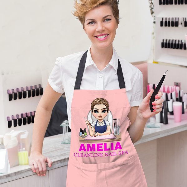 Personalized Cute Cartoon Manicurist Character Adjustable Apron with Name and Pocket Birthday Beauty Salon Opening Gift for Nail Technicians