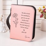 Personalised Cross Birth Flower PU Leather Bible Cover Case with Name Text and Carry Handle Baptism Religious Day Gift for Christians