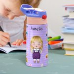 Gepersonaliseerde I Am Smart Brave Cartoon Character 12 oz geïsoleerde Kid waterfles met handvat en rietje terug naar school Verjaardagscadeau voor jongens meisjes