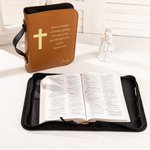 Personalised Cross Birth Flower PU Leather Bible Cover Case with Name Text and Carry Handle Baptism Religious Day Gift for Christians