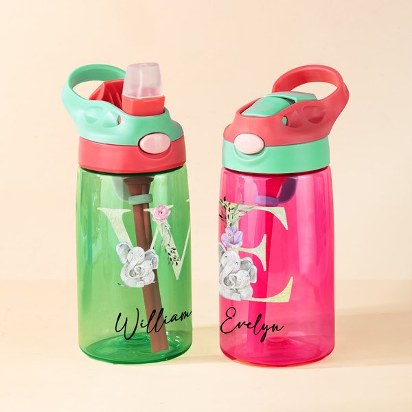 Personalisierte Initial Forest Animal 16 oz Wasserflasche mit Silikon-Strohhalm und Griff zurück zu Schule Geburtstag Urlaub Geschenk für Jungen Mädchen