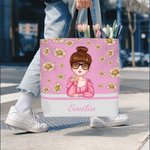 Personalisierte Große Cartoon Mädchen Blumenmuster Tragetasche mit Namen Luftkuss-Geste Alltag Essentials Geburtstag Jahrestag Geschenk für Damen