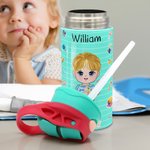 Gepersonaliseerde I Am Smart Brave Cartoon Character 12 oz geïsoleerde Kid waterfles met handvat en rietje terug naar school Verjaardagscadeau voor jongens meisjes