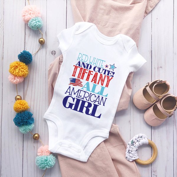 Personalized All American Girl Boy 100% Cotton Baby Bodysuit with Name Patriotic 4th of July Independence Day Gift for Baby Newborn