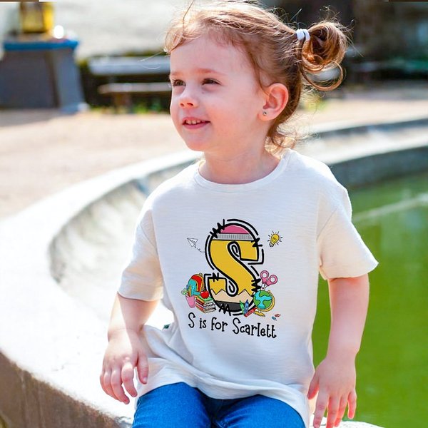 Personalised Cute Pencil Design Initial Skin-friendly Kid T-shirt Sweatshirt with Name Back to School Birthday Gift for Boys Girls