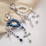 Personalized Cross Shell Beads Angel Keychain with Name First Communion Christening Baptism Gift for Christian Women Godmother