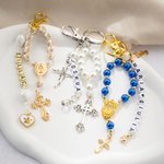 Personalized Cross Shell Beads Angel Keychain with Name First Communion Christening Baptism Gift for Christian Women Godmother