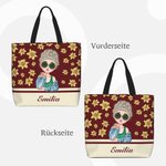 Personalisierte Große Cartoon Mädchen Blumenmuster Tragetasche mit Namen Luftkuss-Geste Alltag Essentials Geburtstag Jahrestag Geschenk für Damen