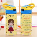 Gepersonaliseerde I Am Smart Brave Cartoon Character 12 oz geïsoleerde Kid waterfles met handvat en rietje terug naar school Verjaardagscadeau voor jongens meisjes