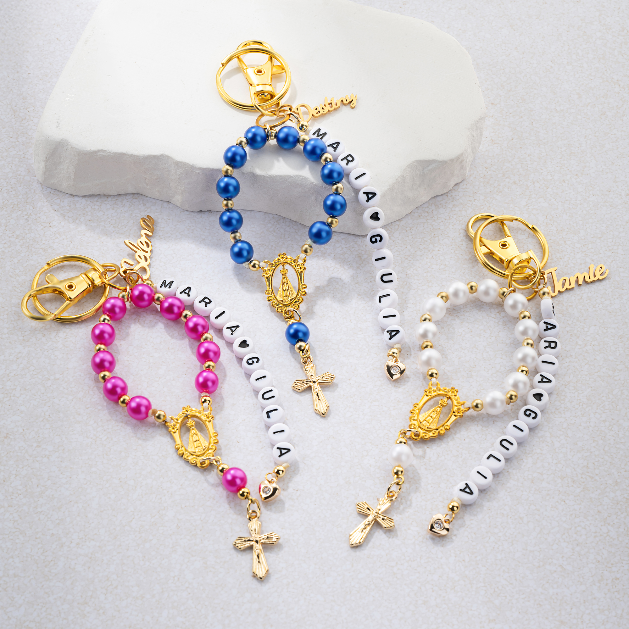 Croix personnalisée perles de coquillage Angel Keychain avec nom Première Communion Baptême Cadeau pour Femme Chrétienne Marraine
