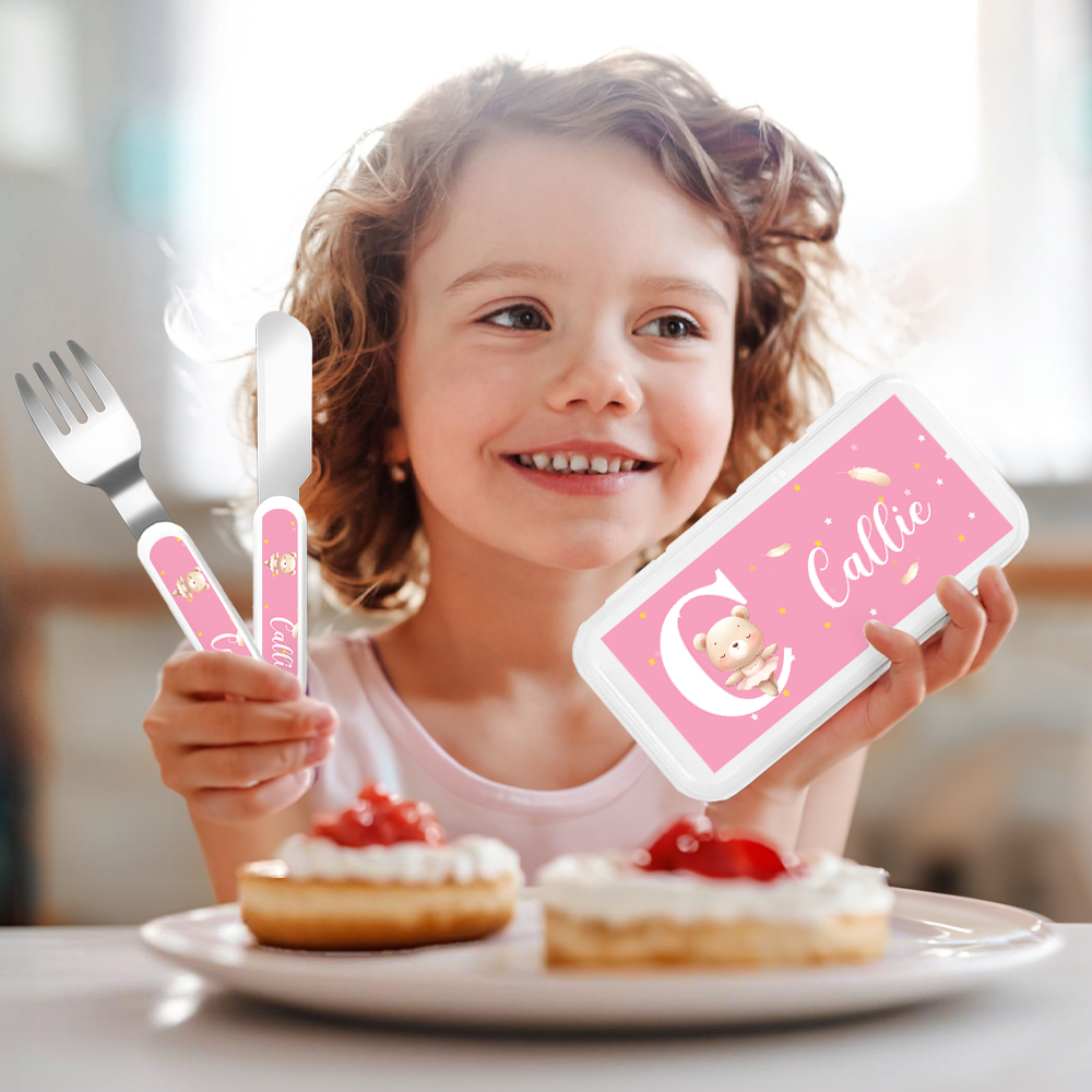 Fourchette Cuillère Couteau 3 pièces avec étui et prénom Ours Tigre Ballet Animaux Initiales Enfant Cadeau Anniversaire Rentrée Scolaire pour Enfants