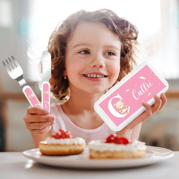 Personifierad söt björn tiger balett djur initialer barngaffel sked kniv 3 delar bestickset med fodral och namn födelsedag skolstart present till barn