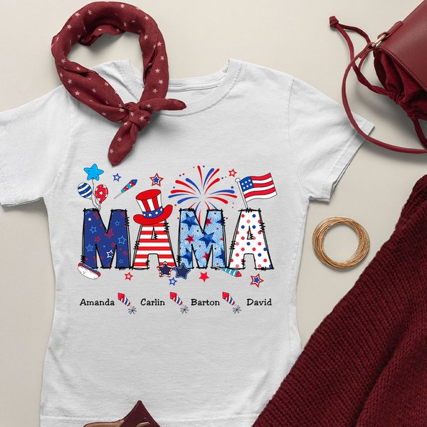 Personalized Fireworks Stars Multicolor Soft T-shirt with Name and Title Patriotic 4th of July Independence Day Gift for Mom Grandma