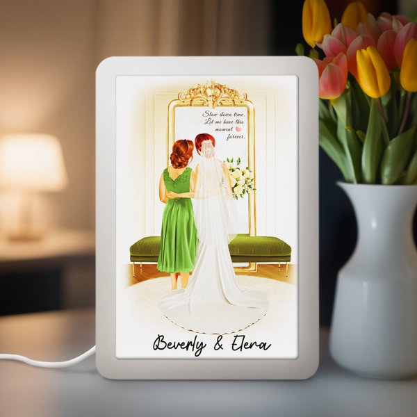Personalized Cartoon Bride and Mom LED Photo Frame Mirror with Names and Text Wedding Anniversary Gift for Women Brides