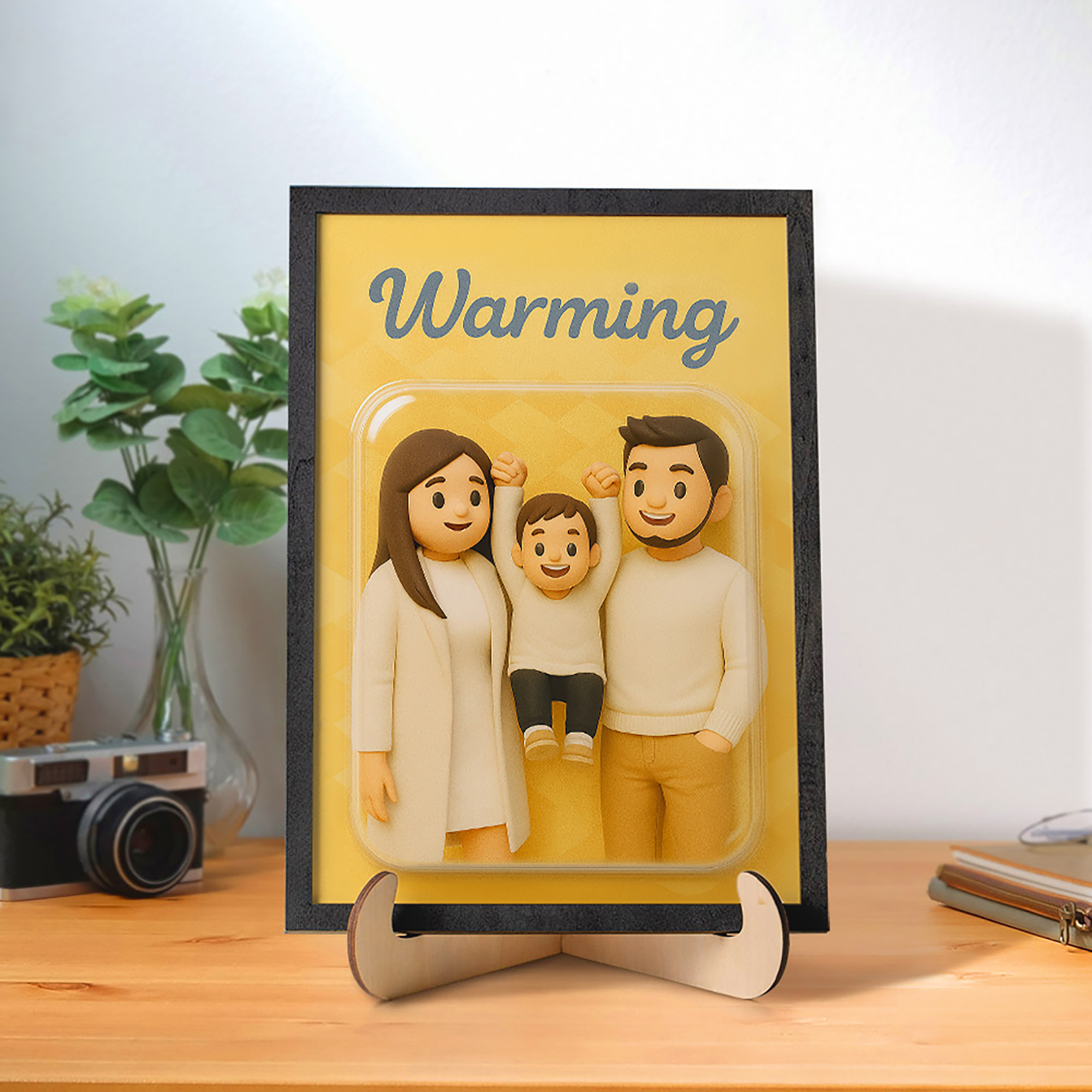 Personnalisé Funny 3D Cartoon Character Photo Poster Wooden Framed Painting with Title Home Decor Birthday Gift for Couple Family