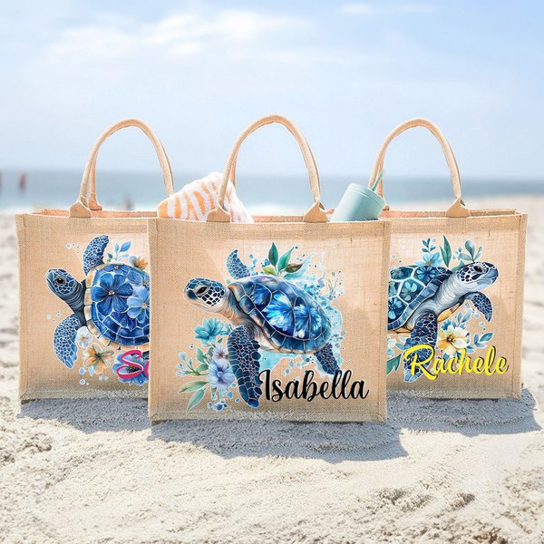 Borsa tote in iuta personalizzato con nome e tartaruga marina motivo floreale accessorio da viaggio festa in spiaggia regalo di compleanno per donne