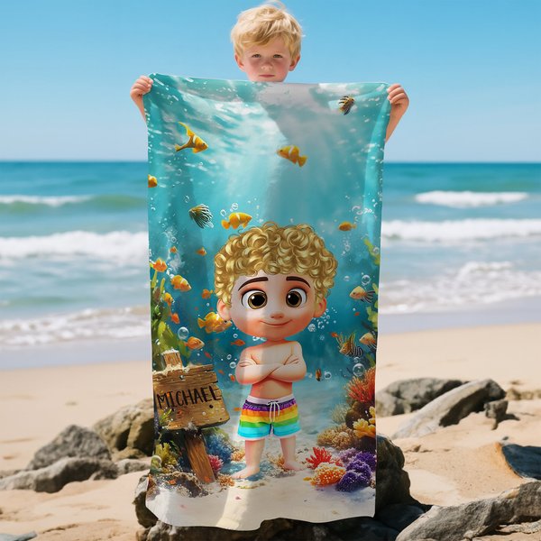 Personalizzato bambino subacqueo 3D personaggio dei cartoni animati sovradimensionato asciugatura rapida asciugamano da spiaggia con nome piscina estiva essenziale festa di compleanno per ragazzi raga