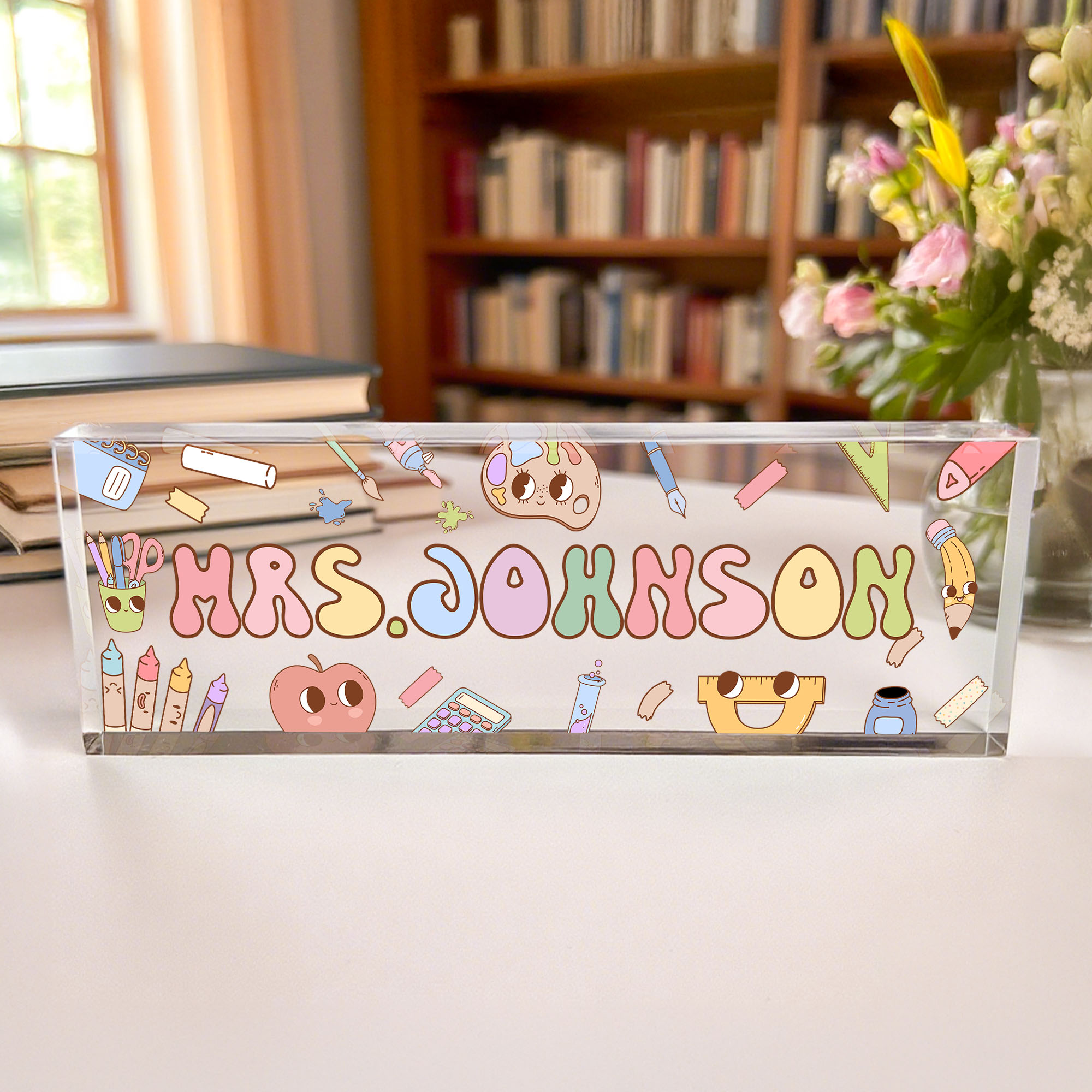 Personnalisé - Fleur arc-en-ciel - Éléments de papeterie - Panneau de nom en acrylique - Décoration de bureau - Appréciation - Cadeau de retour à l'école pour l'enseignant