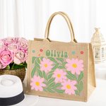 Personalised Floral Eco-Friendly Jute Tote Bag with Name Birthday Anniversary Wedding Gift for Women