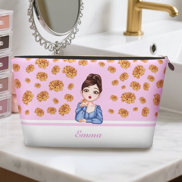 Personalized Cartoon Girl Flying Birth Flower Portable Makeup Bag with Name Birthday Anniversary Gift for Women